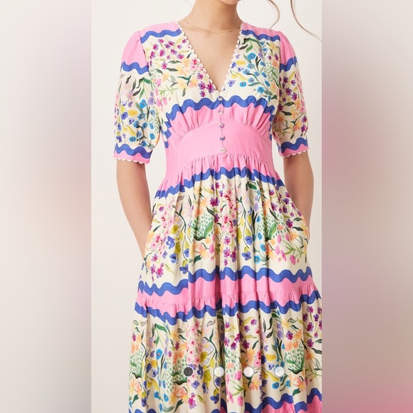 Hope & Ivy v-neck puff sleeve midi smock dress in multi - Picture 1 of 8